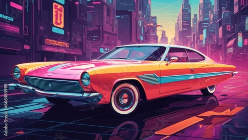 "Retro Futurism on Wheels: A Classic Car in a Colorful Futuristic City"