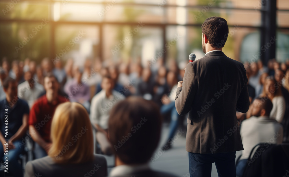 Back view of public speaker giving talk in front of public. People blurred in background.