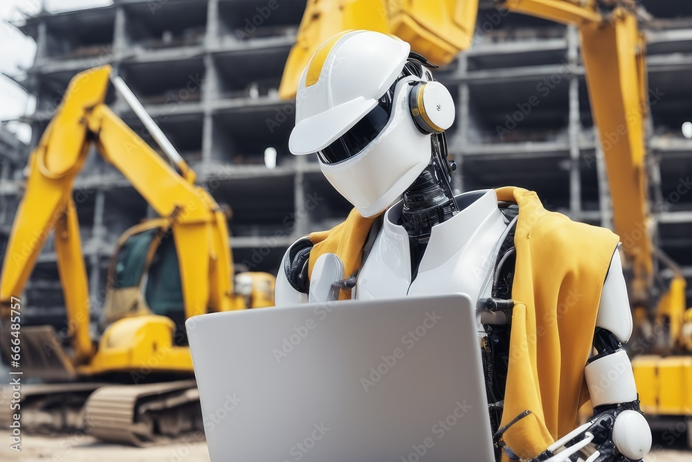 engineer robot wearing yellow safety helmet in construction site