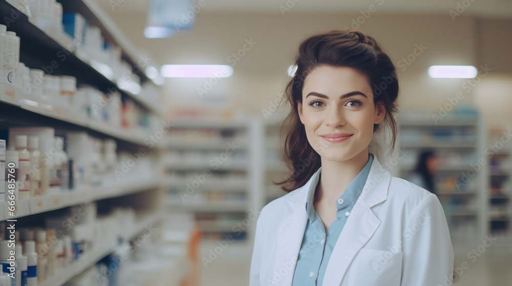 Cheerful pharmacist standing in pharmacy drugstore, Medicine, pharmaceutics, health care and people concept: happy pharmacist giving medications to senior male customer