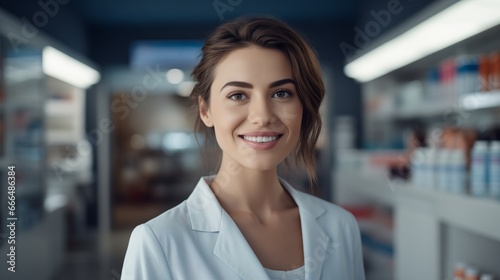 Cheerful pharmacist standing in pharmacy drugstore, Medicine, pharmaceutics, health care and people concept: happy female pharmacist giving medications to senior male customer