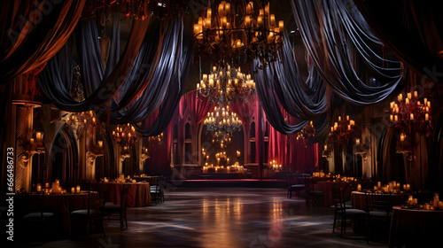 Step into a world of haunted elegance with this awe-inspiring image. A grand ballroom adorned with Gothic décor hosts a masquerade ball.
