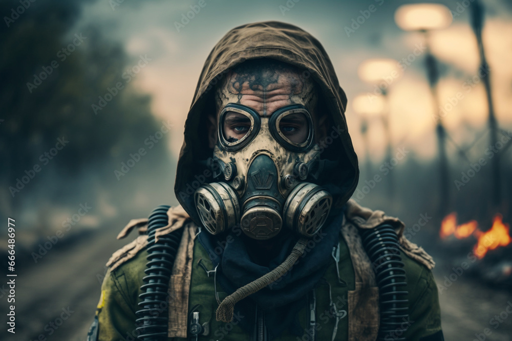 Person with mask post apocalyptic world concept Person with mask post apocalyptic world concept