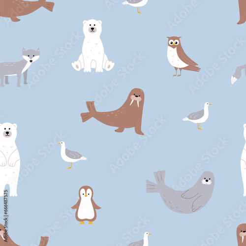 Seamless pattern Cute Arctic animals. Vector illustration with funny polar animals. Polar bear walrus seal seagull scribe owl.