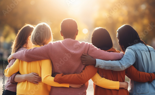 Group of people from different races, dressed in vibrant clothes, hugging each other. photo
