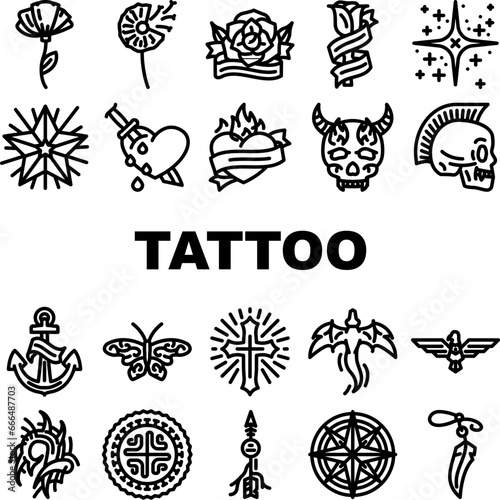 tattoo retro vintage icons set vector. heart, fashion rose, font old school, traditional flame, hand gothic, swallow tattoo retro vintage black contour illustrations