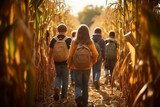 Group of children exploring corn maze in the fall day. School friends playing in corn maze. Kids on pathway in corn field. Popular tourist attraction