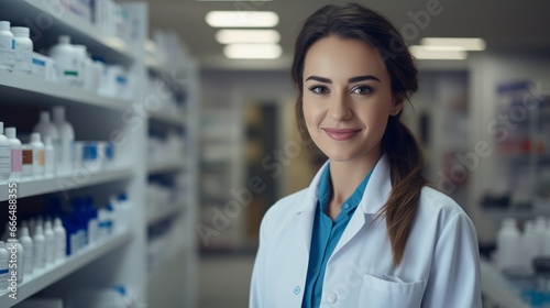 Cheerful pharmacist standing in pharmacy drugstore  Medicine  pharmaceutics  health care and people concept  happy female pharmacist giving medications to senior male customer