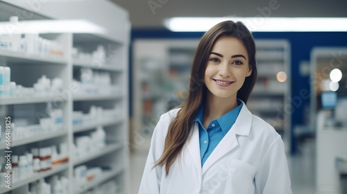 Cheerful pharmacist standing in pharmacy drugstore, Medicine, pharmaceutics, health care and people concept: happy female pharmacist giving medications to senior male customer