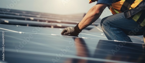 Close-up of Worker installing solar panel system on rooftop
