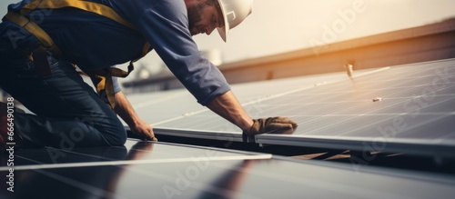 Professional enginee installing solar panel system on rooftop