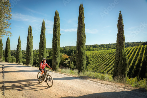 nice senior woman riding her electric mountain bike between olive and cypress trees in the Ghianti Area of Tuscany near Gaiole, Italy
 photo