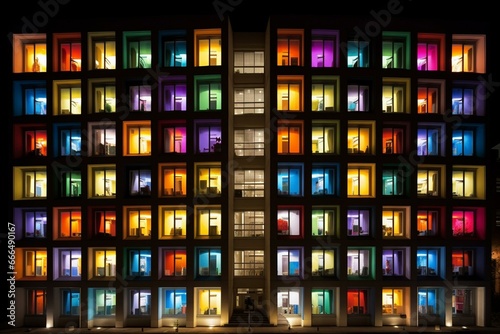 Facade featuring windows illuminated in various colors. Generative AI