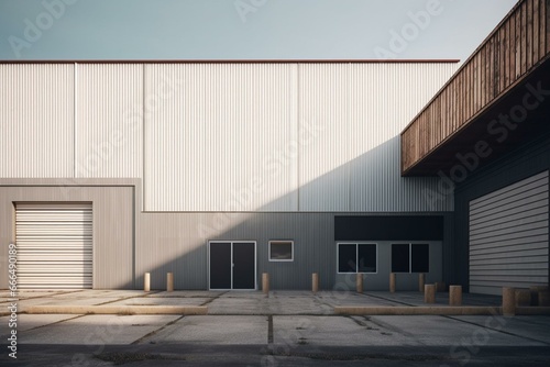 Exterior view of a storage warehouse for cargo. Generative AI