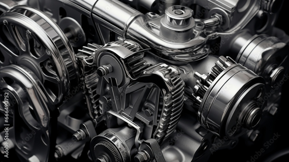Car engine, concept of modern vehicle motor with metal, chrome, plastic parts, heavy industry, monochrome. Car engine, concept of modern vehicle motor with metal, chrome, plastic parts, heavy industry, monochrome.