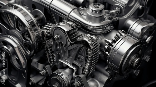 Car engine, concept of modern vehicle motor with metal, chrome, plastic parts, heavy industry, monochrome. 