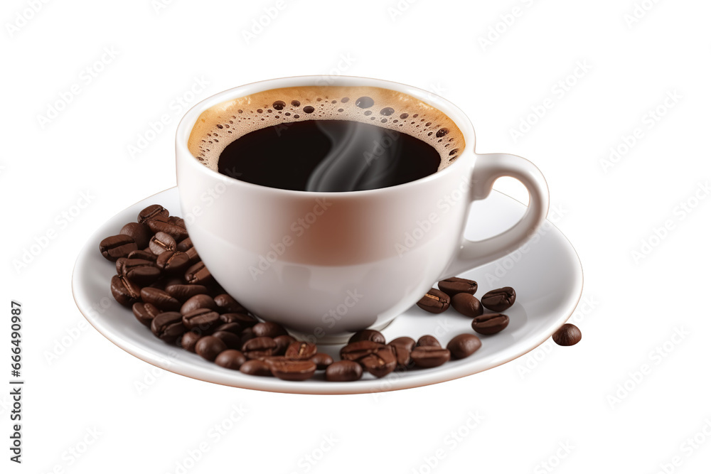 Cup of coffee with steam and spilled beans isolated on transparent background PNG Cup of coffee with steam and spilled beans isolated on transparent background PNG