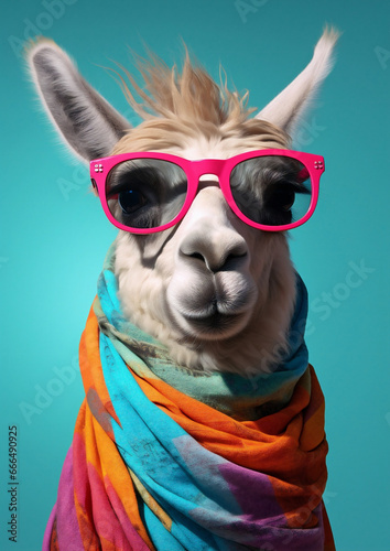 Cute stylish alpaca portrait of llama wearing glasses on blue background wearing glasses and scarf, fashion © VICHIZH