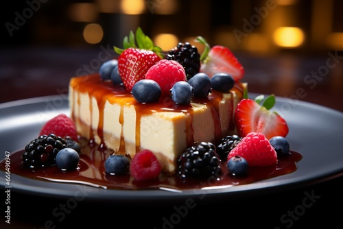 Luscious cheesecake slice adorned with vibrant fruits, a tantalizing dessert masterpiece