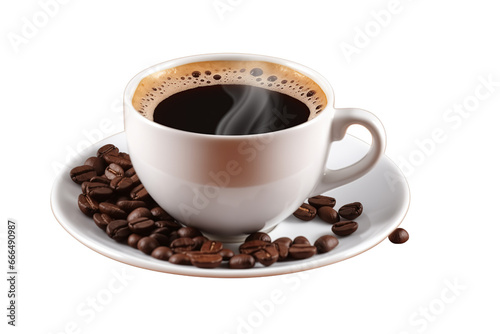 Cup of coffee with steam and spilled beans isolated on transparent background PNG