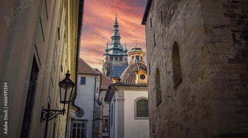 The street near Prague Castle and the tower of St. Vitus Cathedral, Prague, Czech Republic