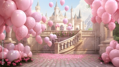 Fairytale pink palace with balloons. 