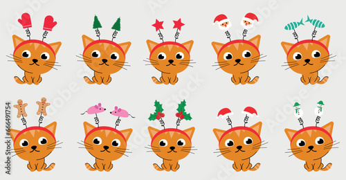 Set of Christmas cats in winter accessories such as a hoop with Christmas trees  gingerbread men  snowflakes. Vector illustration of cute cats in festive outfits  different shapes and colors.