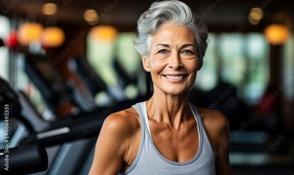 Healthy Lifestyle: Happy Senior Woman in Gym Healthy Lifestyle: Happy Senior Woman in Gym