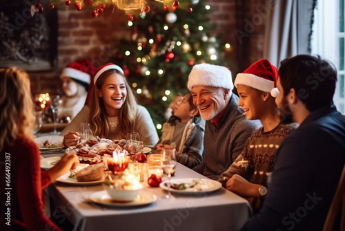 Family celebrating Christmas enjoying dinner