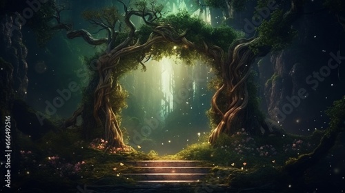 magical portal with arch made with tree branches in for illustration design art. 