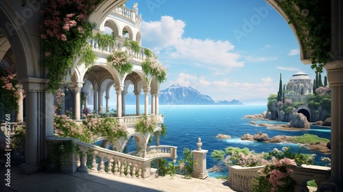 nterior Design of a Huge Mansion with the Style of a Monaster, Some Vegetation and Flowers in the Archway near the Sea.  © Abbassi
