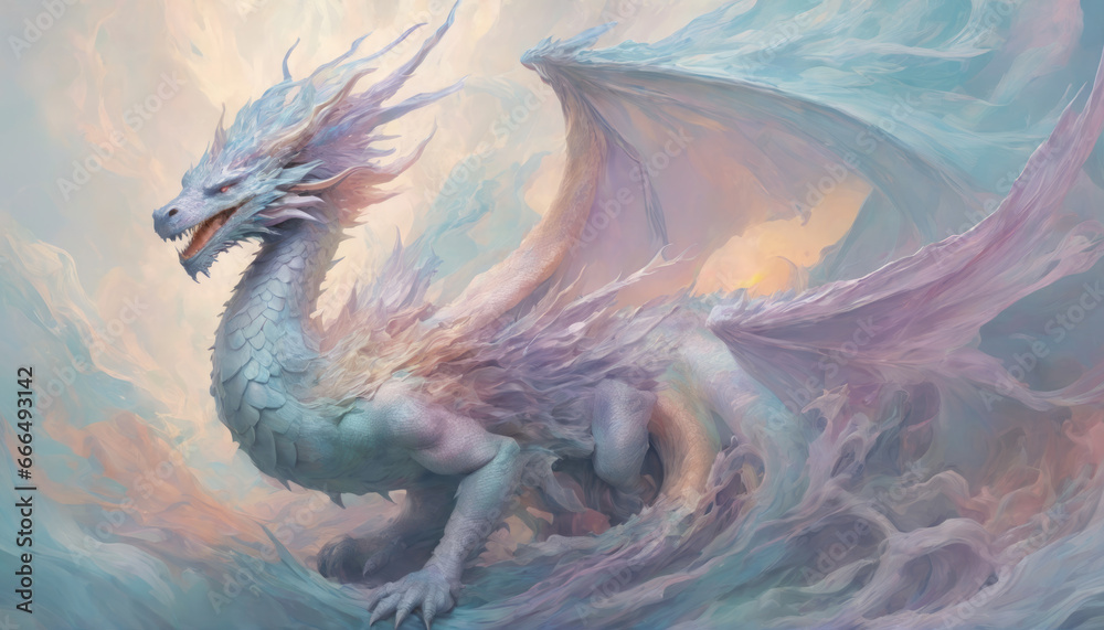 Obraz premium Fantasy illustration of ancient dragon creature in pastel colors digital art style background