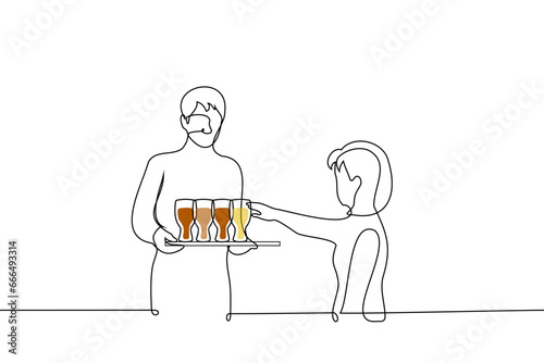 waiter is holding a tray of pints of beer of different types and woman is reaching out to one of glasses - one line art vector. concept Oktoberfest, beer lover, impatient guest or client at the bar