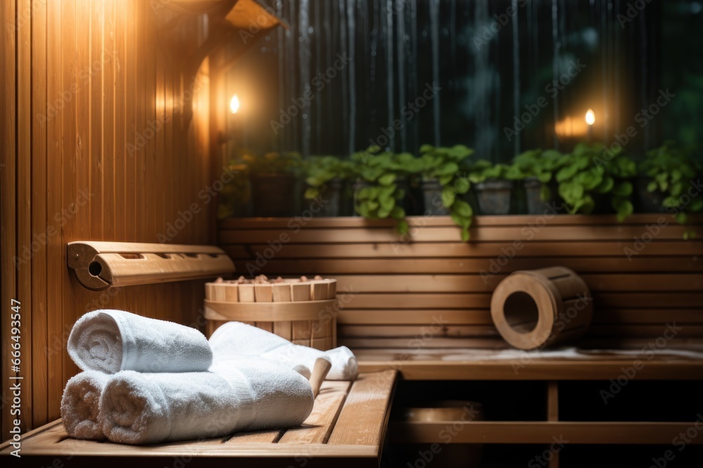 Interior of sauna room with wooden bathtub, candles and towels. Health Care. Healthy Lifestyle. Spa and Wellness concept. Background with a copy space.