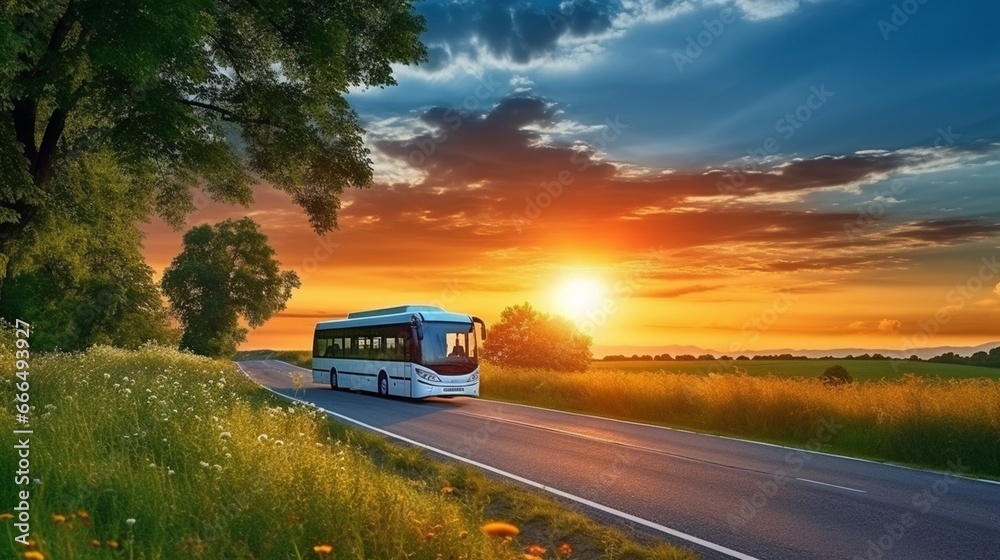 White bus traveling on the asphalt road around line of trees in rural landscape at sunset. White bus traveling on the asphalt road around line of trees in rural landscape at sunset.