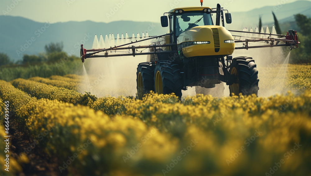 Fototapeta premium Farmer in tractor preparing land with seedbed cultivator before sowing