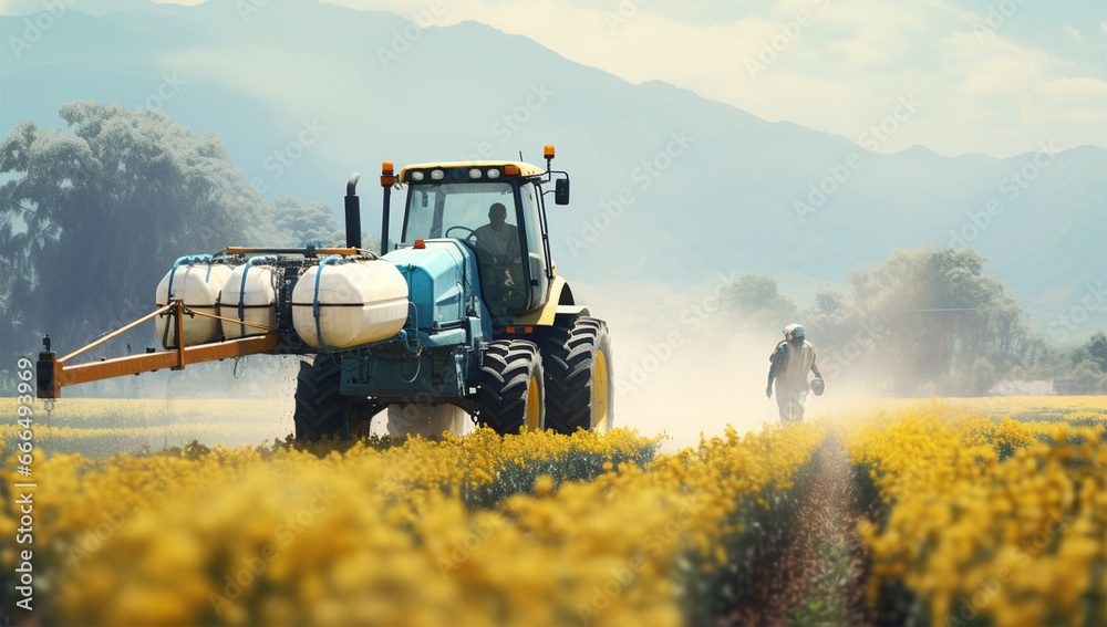 Fototapeta premium Farmer in tractor preparing land with seedbed cultivator before sowing