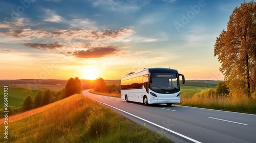 White bus traveling on the asphalt road around line of trees in rural landscape at sunset.  photo