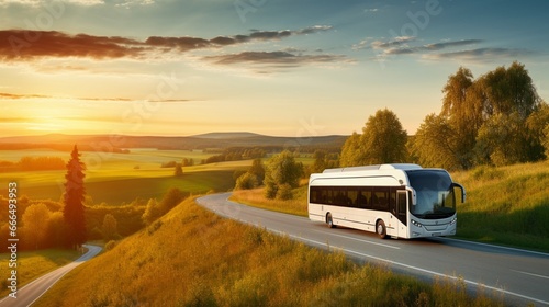 White bus traveling on the asphalt road around line of trees in rural landscape at sunset. 