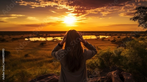 Woman looking through binoculars at the nature of Brazil. Beautiful sunset view of the Pantanal, Bonito, in Mato Grosso do Sul. 