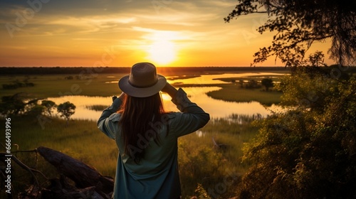 Woman looking through binoculars at the nature of Brazil. Beautiful sunset view of the Pantanal, Bonito, in Mato Grosso do Sul.  photo