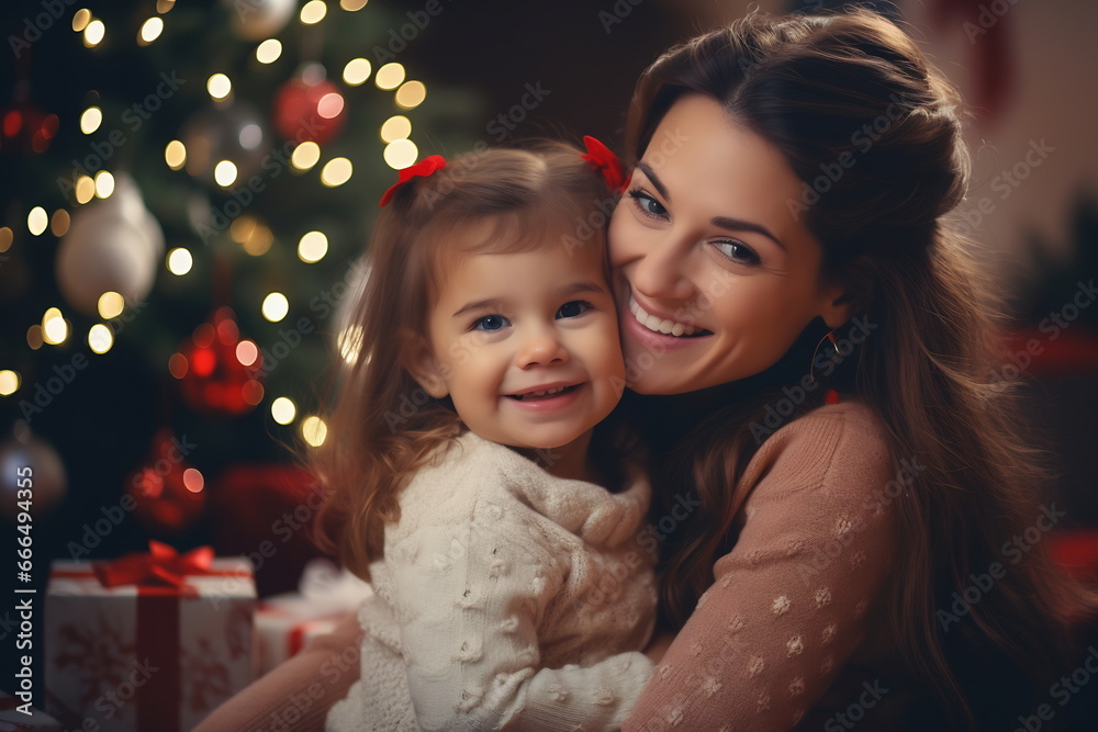New Year. Christmas. Family. Mom and her little daughter are hugging and smiling, a Xmas tree in the background at home. New Year. Christmas. Family. Mom and her little daughter are hugging and smiling, a Xmas tree in the background at home.