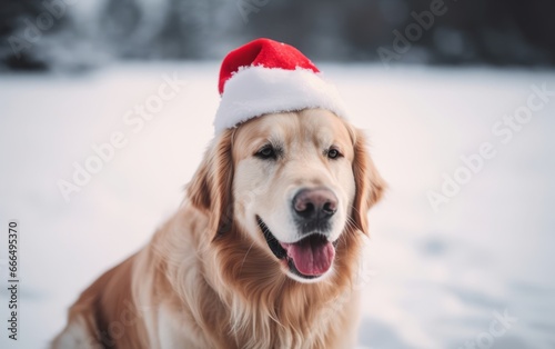 A dog in a Christmas hat with a pompom close-up. The Christmas dog. © say_hope