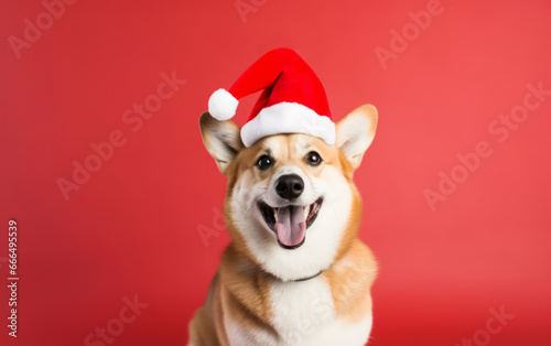A dog in a Christmas hat with a pompom close-up. The Christmas dog.