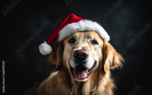 A dog in a Christmas hat with a pompom close-up. The Christmas dog.