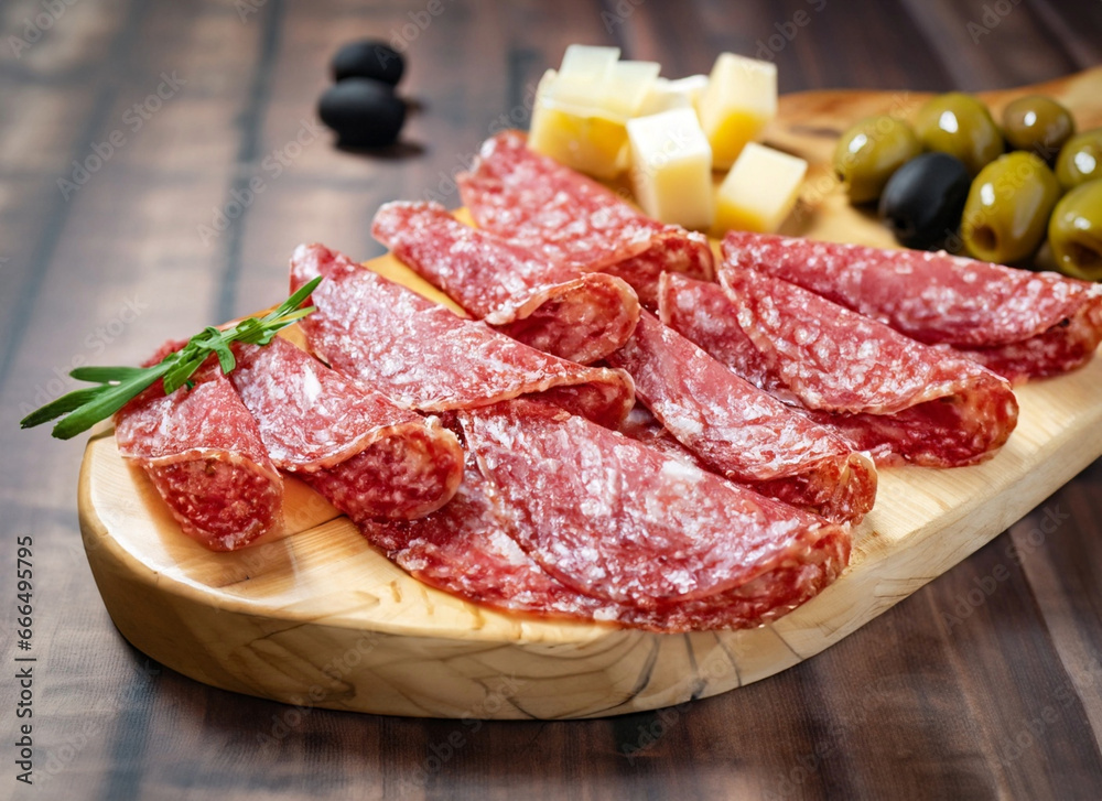 Obraz premium Salami with cheese and olives on a wooden board, tapas