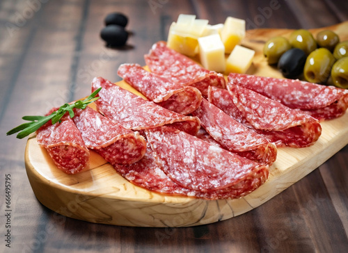 Salami with cheese and olives on a wooden board, tapas