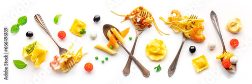 Various pasta forks panorama. Spaghetti, fusilli, penne and other shapes of pasta, with sauce, overhead flat lay shot on a white background