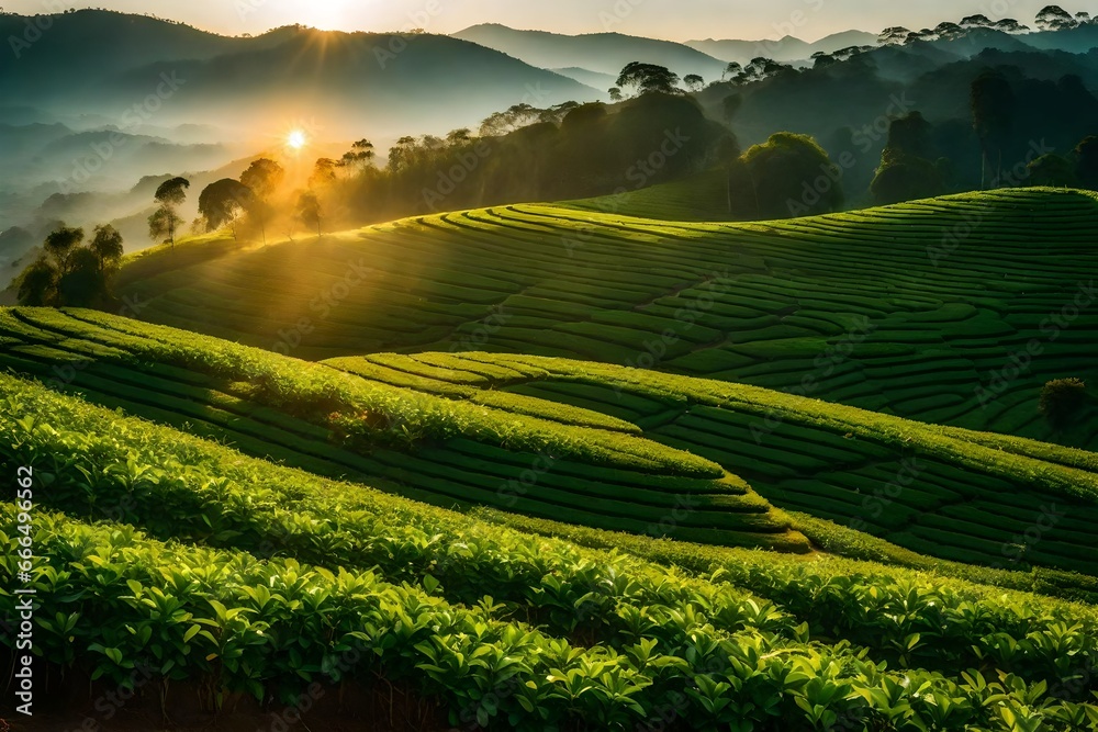 Tea plantation with sunset background