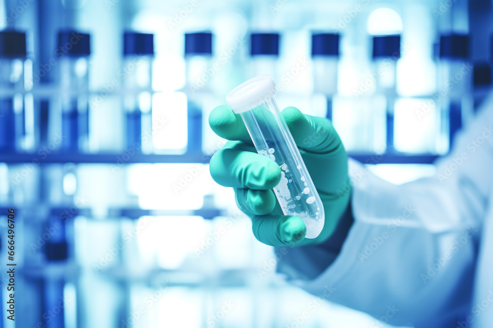 Hands holding test tubes and flasks with chemical reagents in a modern ...